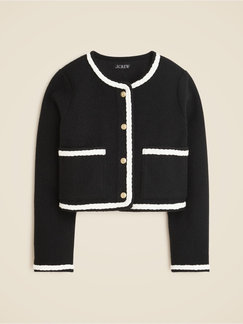 J. Crew Black Bouclé Jacket with Cream Trim